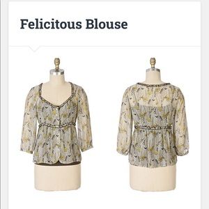 Anthro VIOLA Silk Blouse Yellow Gray Floral Shirt